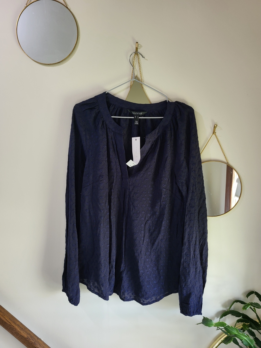 long tall sally Navy Eyelet Long-Sleeve Peasant Blouse